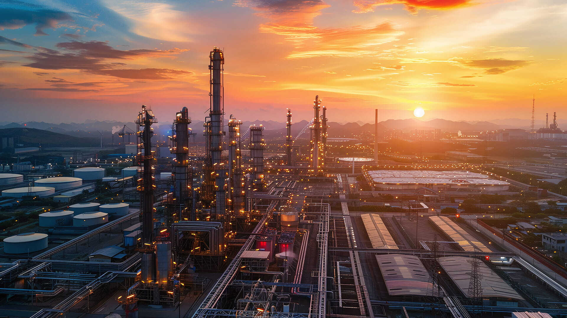 Industrial facility at sunset