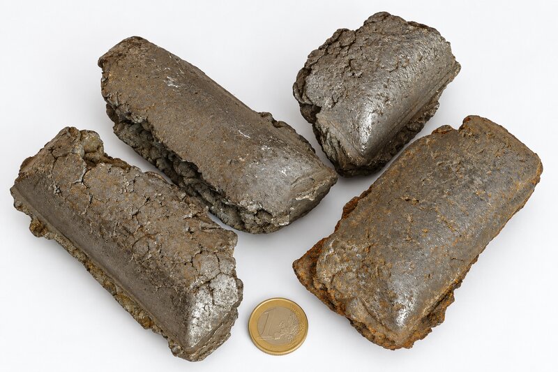 Iron-bearing metallurgical briquettes with a coin for scale